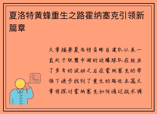 夏洛特黄蜂重生之路霍纳塞克引领新篇章